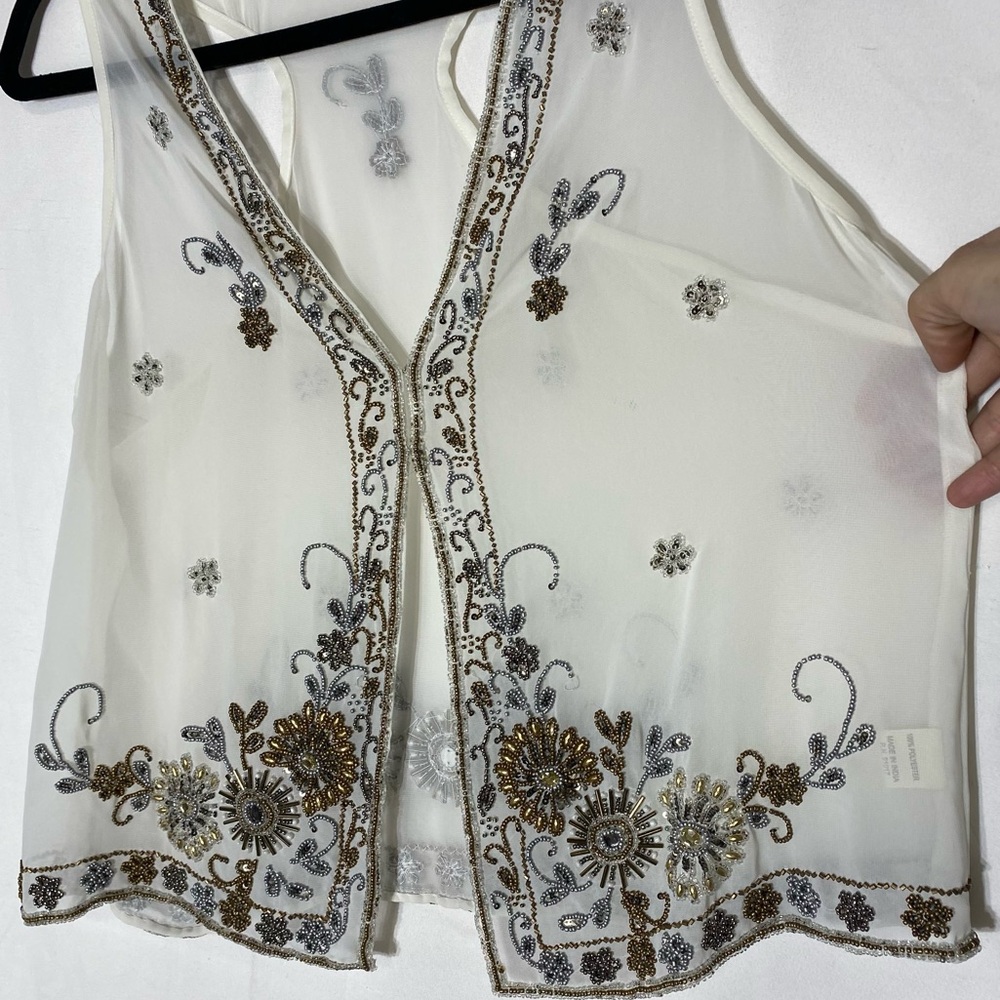 Vintage White Sheer Vest With Intricate Metallic Beading S Boho Whimsigoth Fairy - Picture 9 of 16
